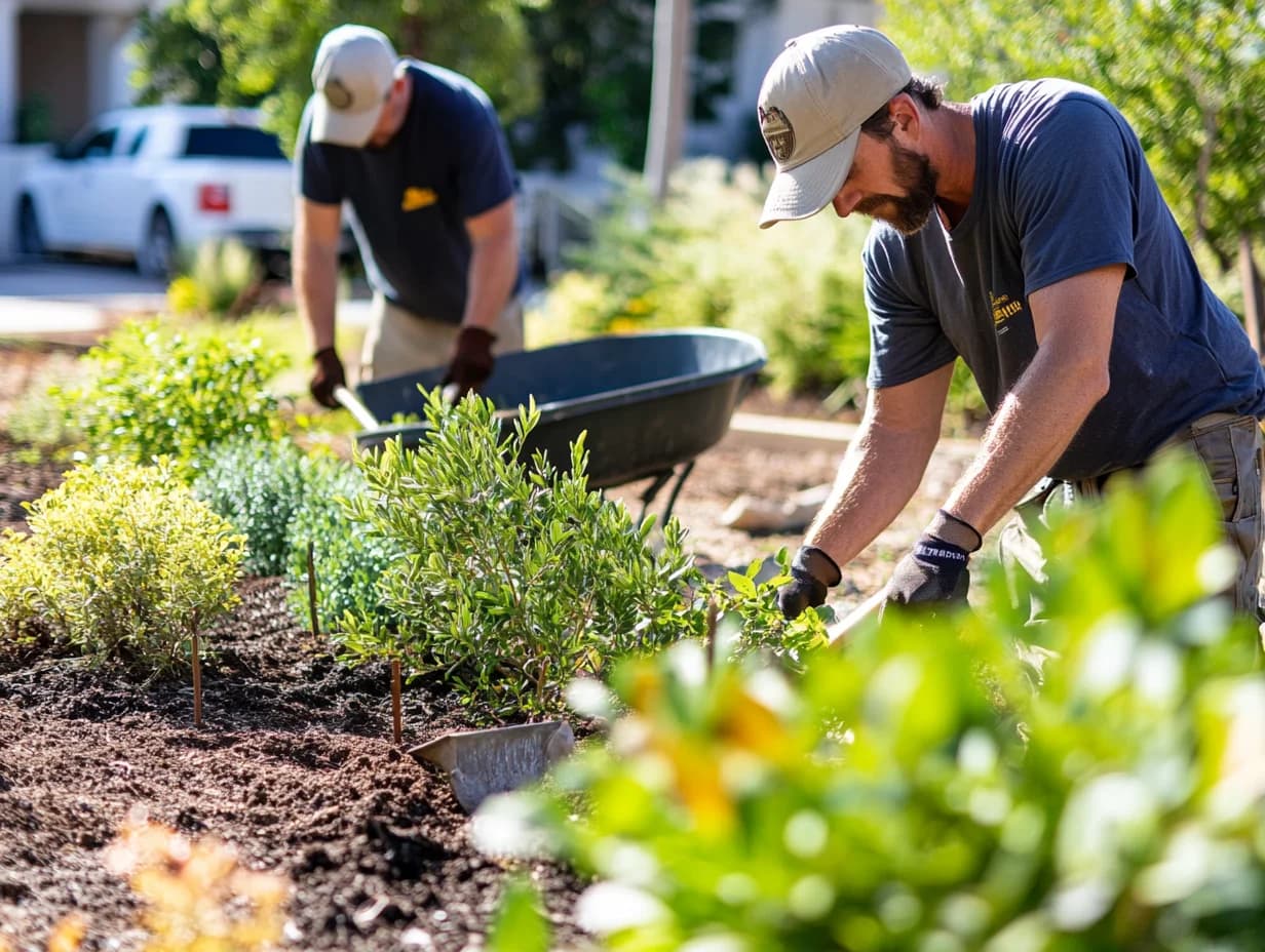 Professional landscaping team working on garden